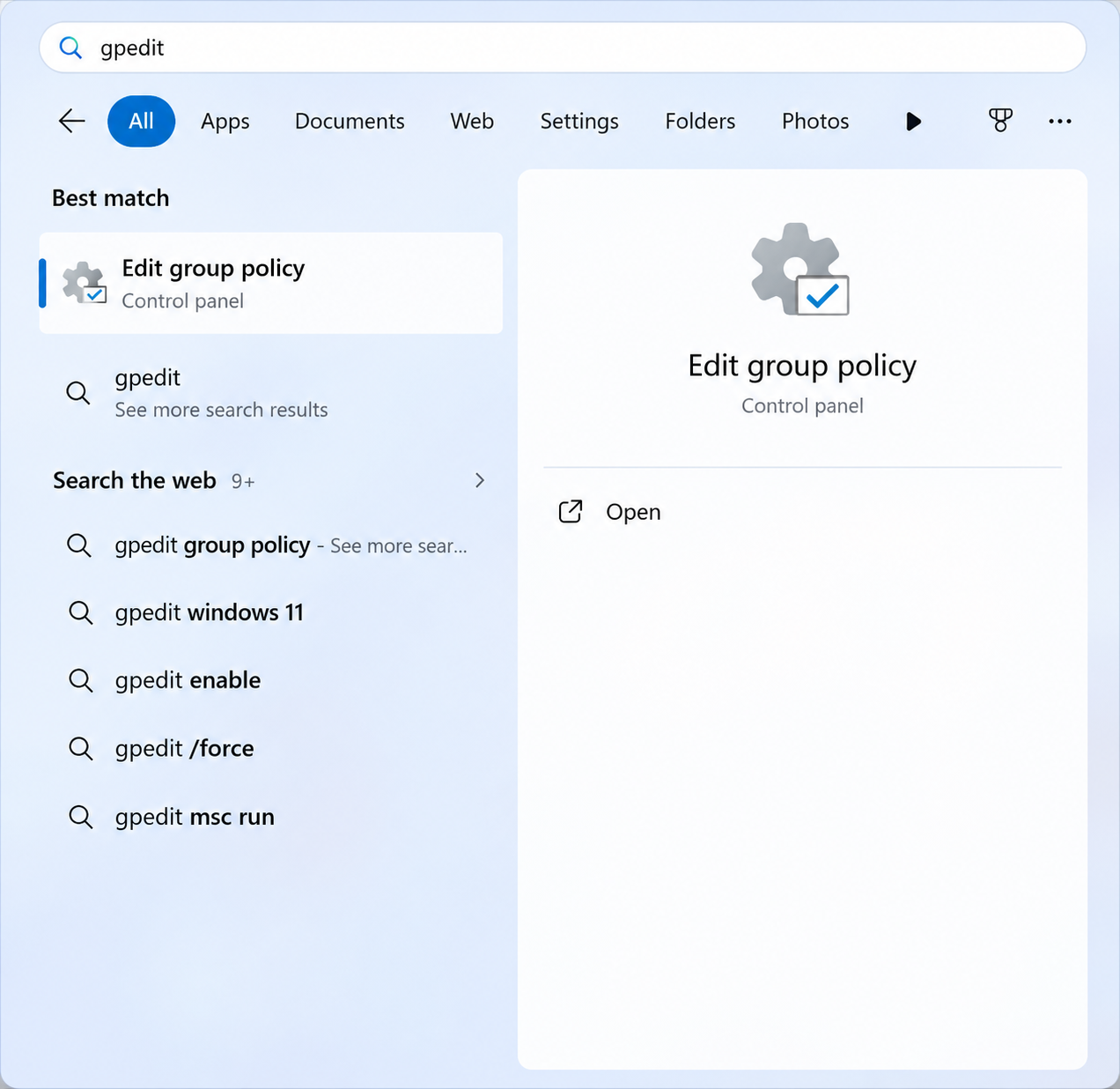 Windows Search showing Edit group policy.