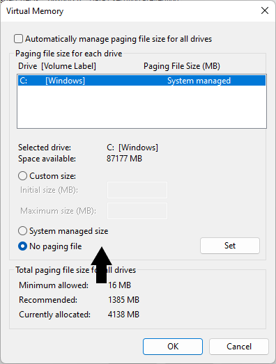 How to manage Virtual Memory Paging File in Windows 11