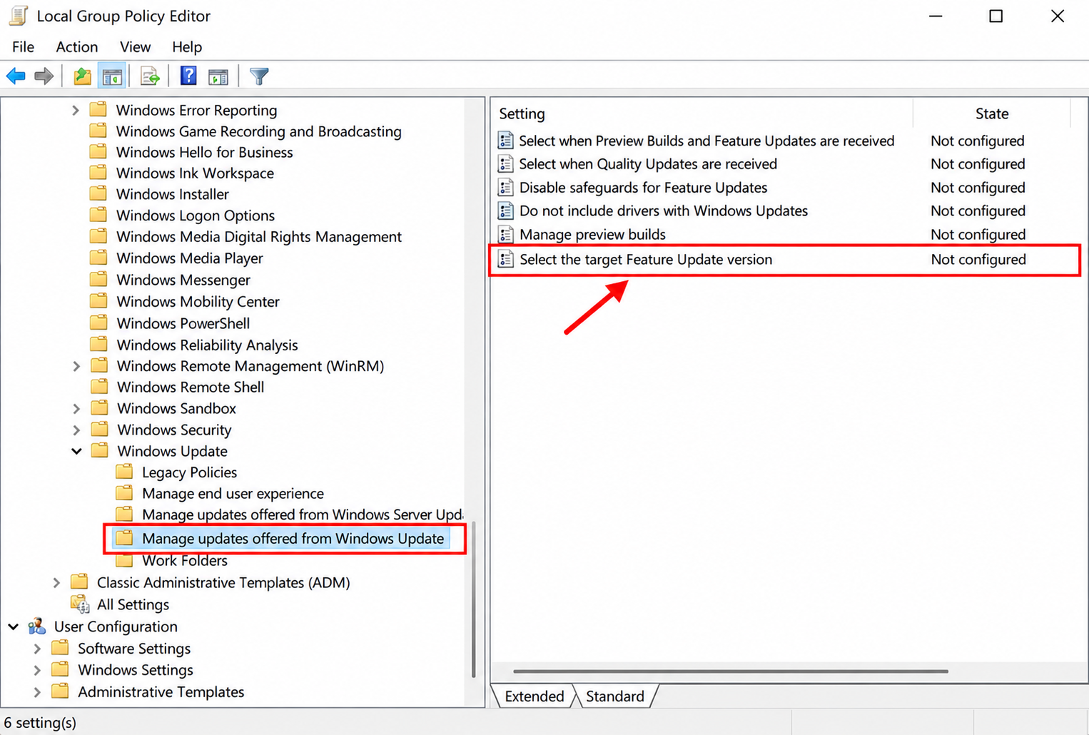 Group Policy Editor with Select the target Feature Update version highlighted.