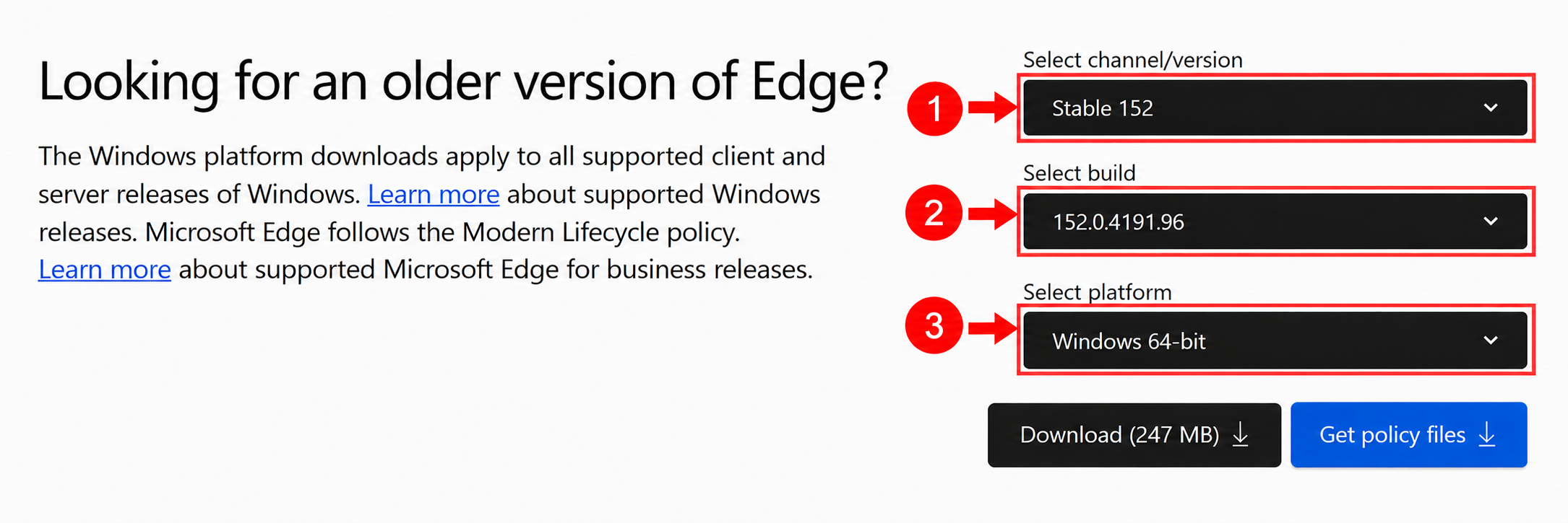 Microsoft Edge download section showing version, build, and platform details.