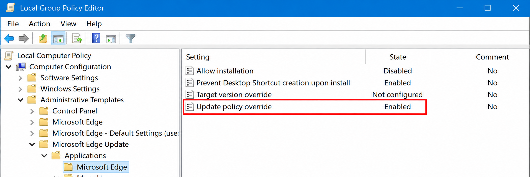 Update policy override setting enabled in Microsoft Edge Group Policy Editor.