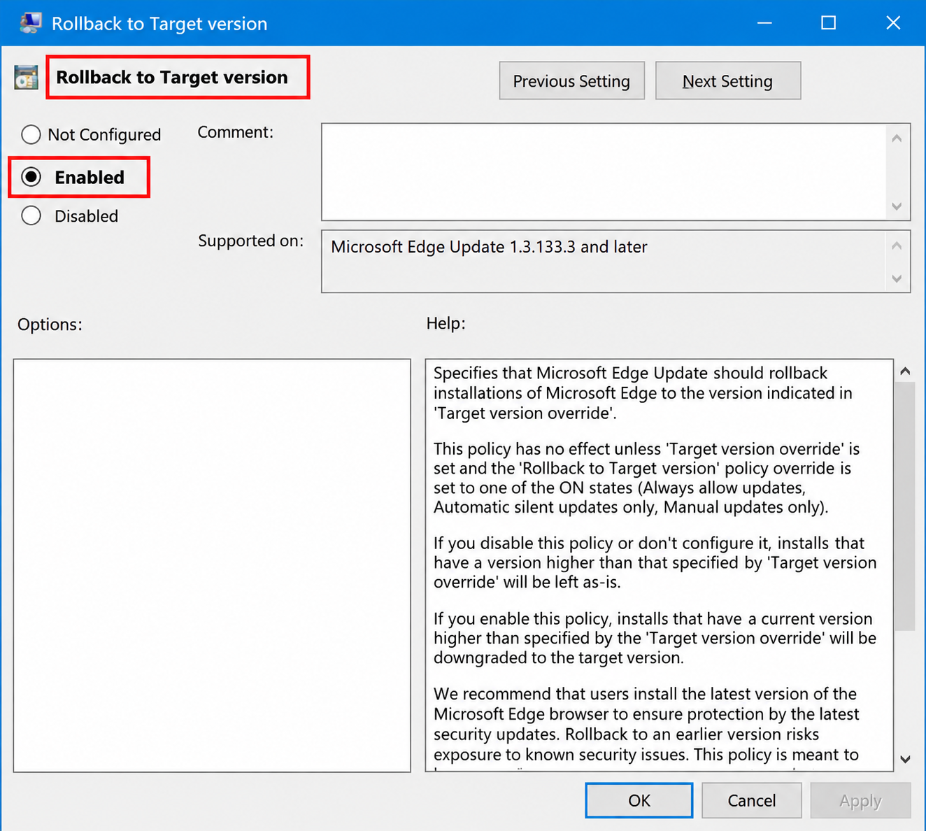 Rollback to Target version policy enabled in Microsoft Edge Group Policy Editor.