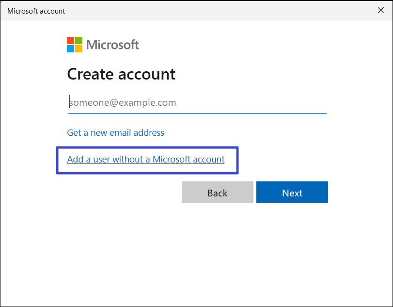 Click Add a user without microsoft account