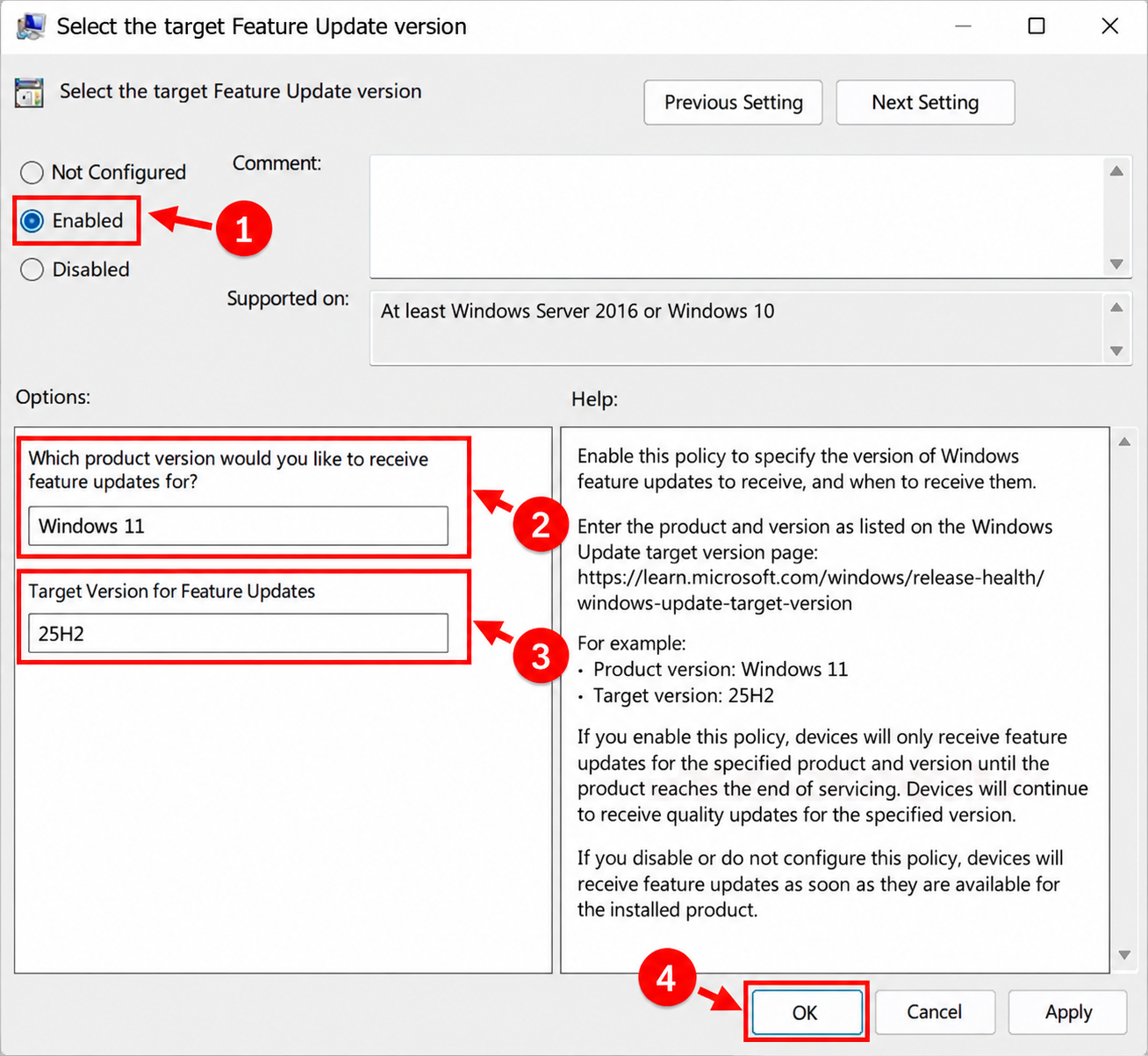 Policy settings showing Enabled, product version Windows 11, target version 25H2, and the OK button.