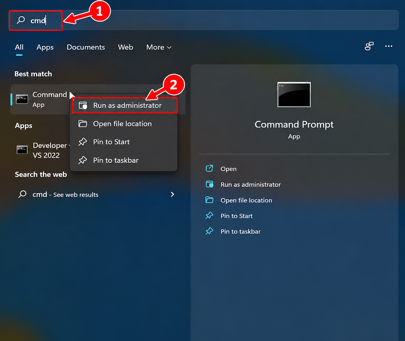 Windows Start search showing how to run Command Prompt as administrator.