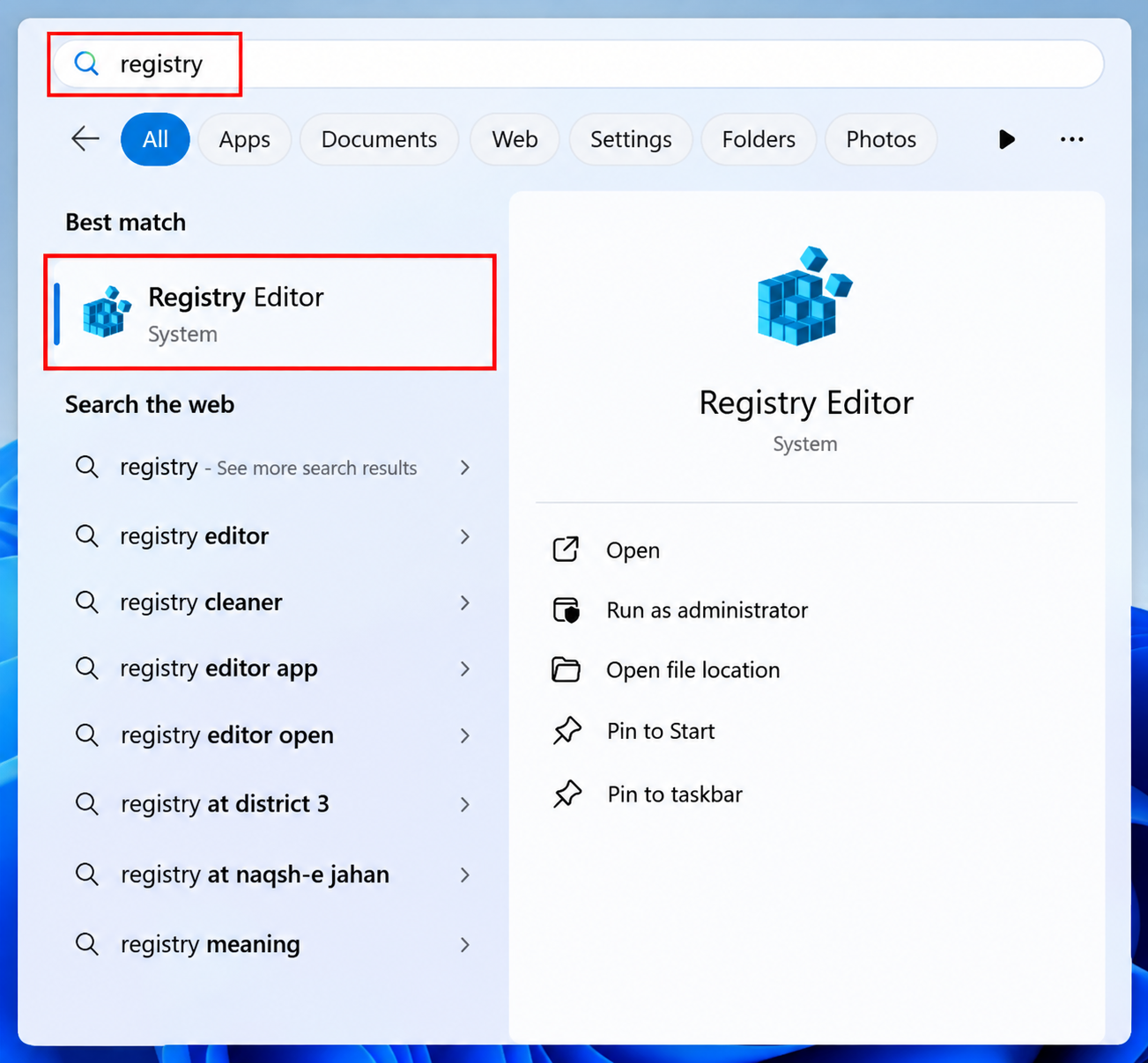 Windows Search showing Registry Editor after searching for registry.