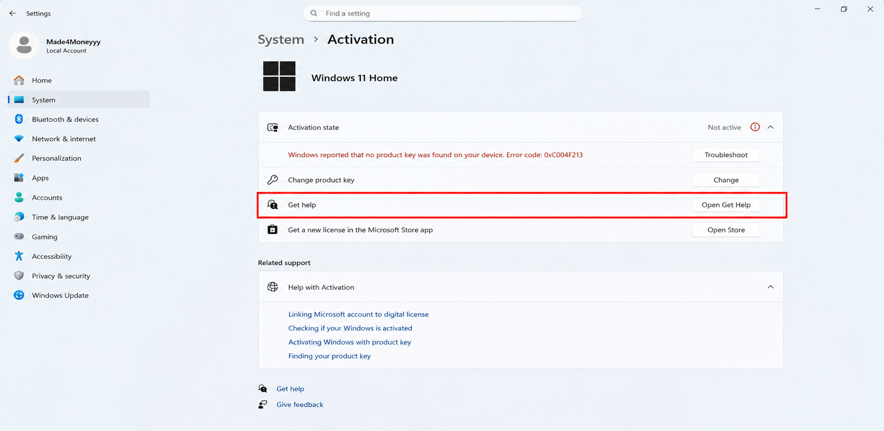 Windows 11 Activation settings with the Get help option highlighted.