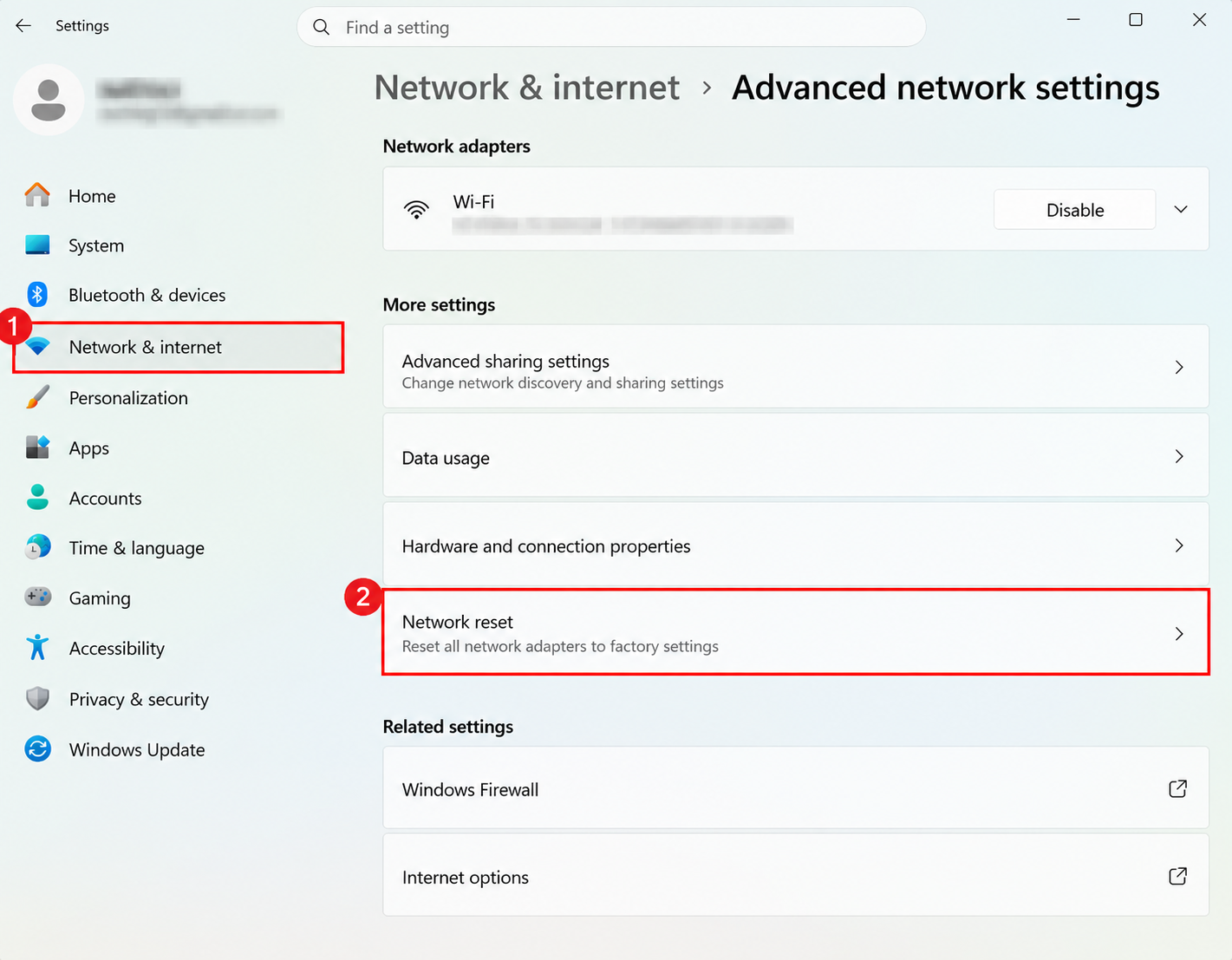 Windows 11 Advanced network settings with Network & internet and Network reset highlighted in red.