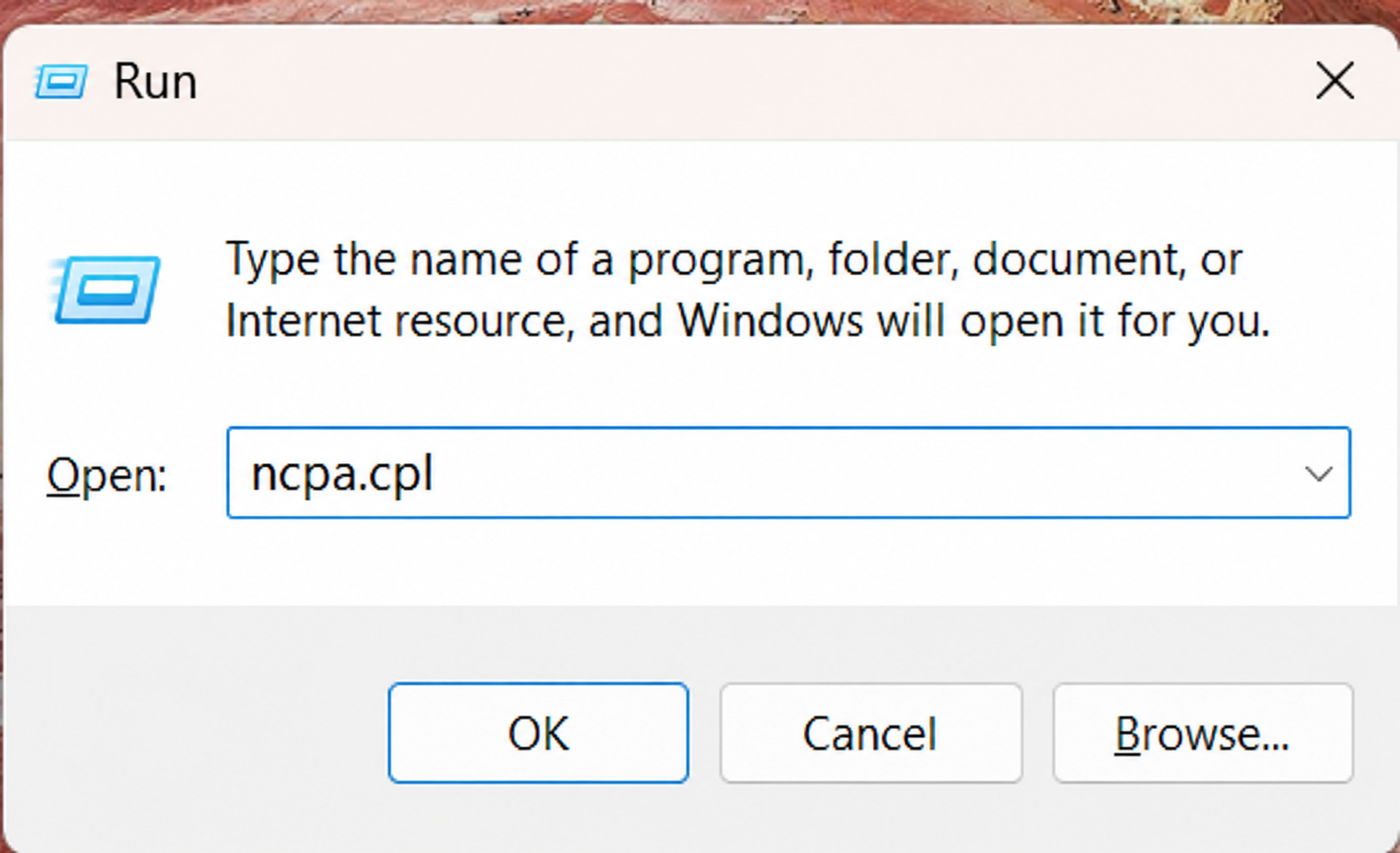 Windows Run dialog with ncpa.cpl entered to open network connections.