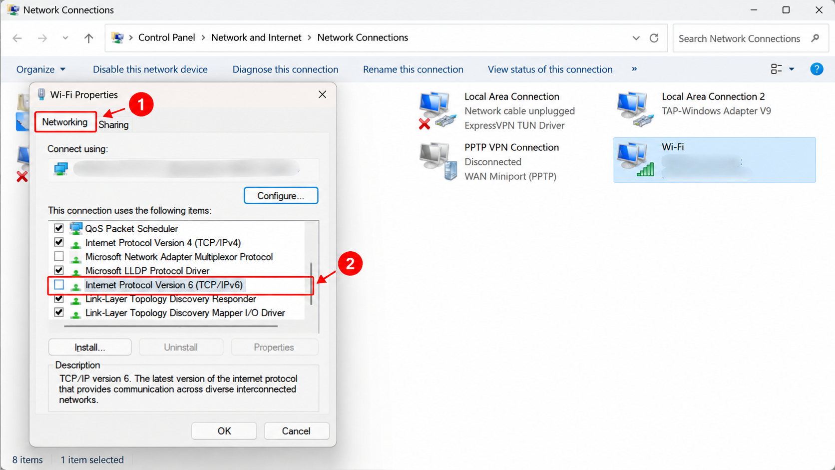 Wi-Fi properties showing the IPv6 setting for troubleshooting the No Internet, Secured error.