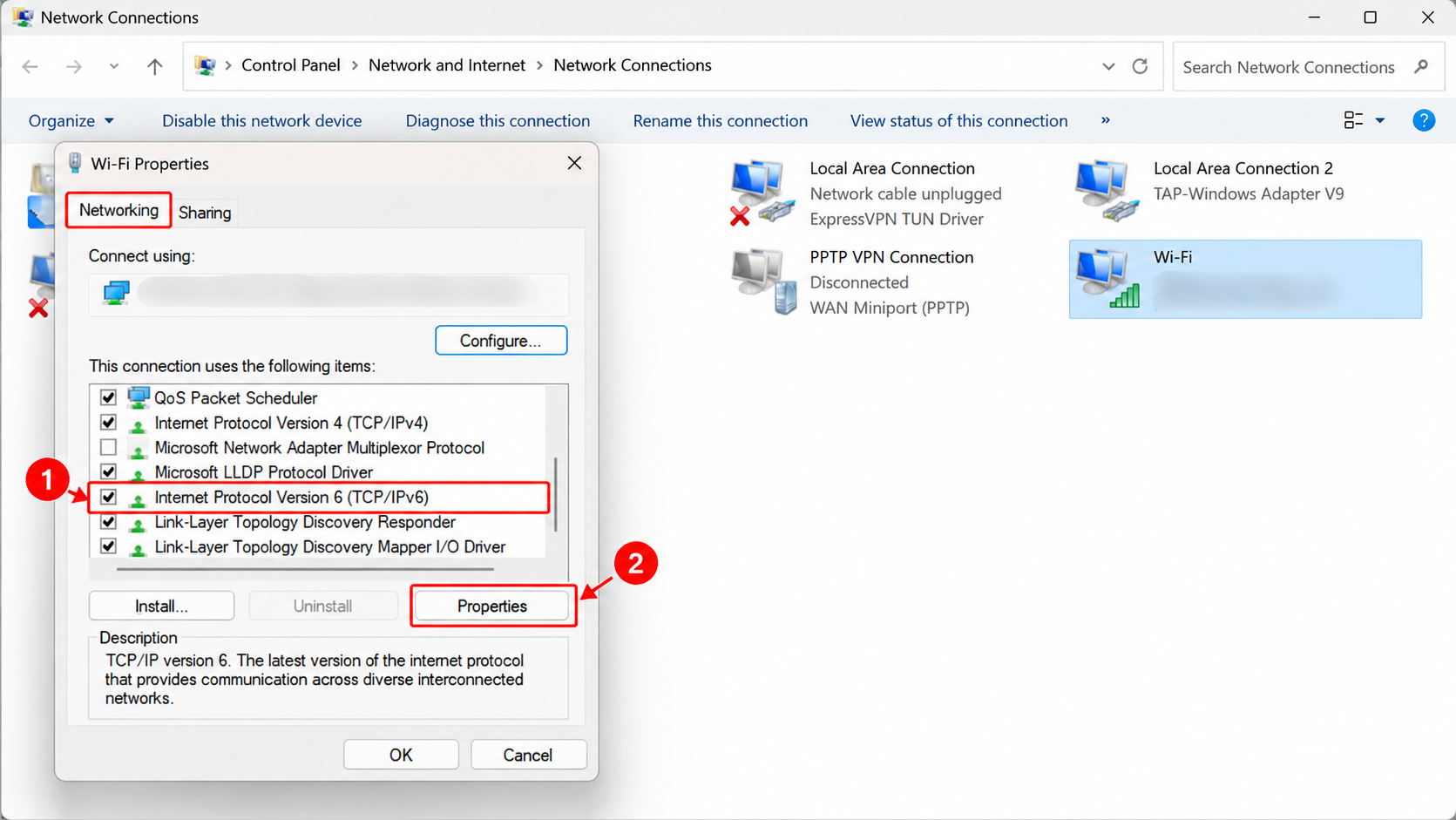 Wi-Fi Properties window with the Internet Protocol Version 6 (TCP/IPv6) checkbox checked and the Properties button highlighted in red.