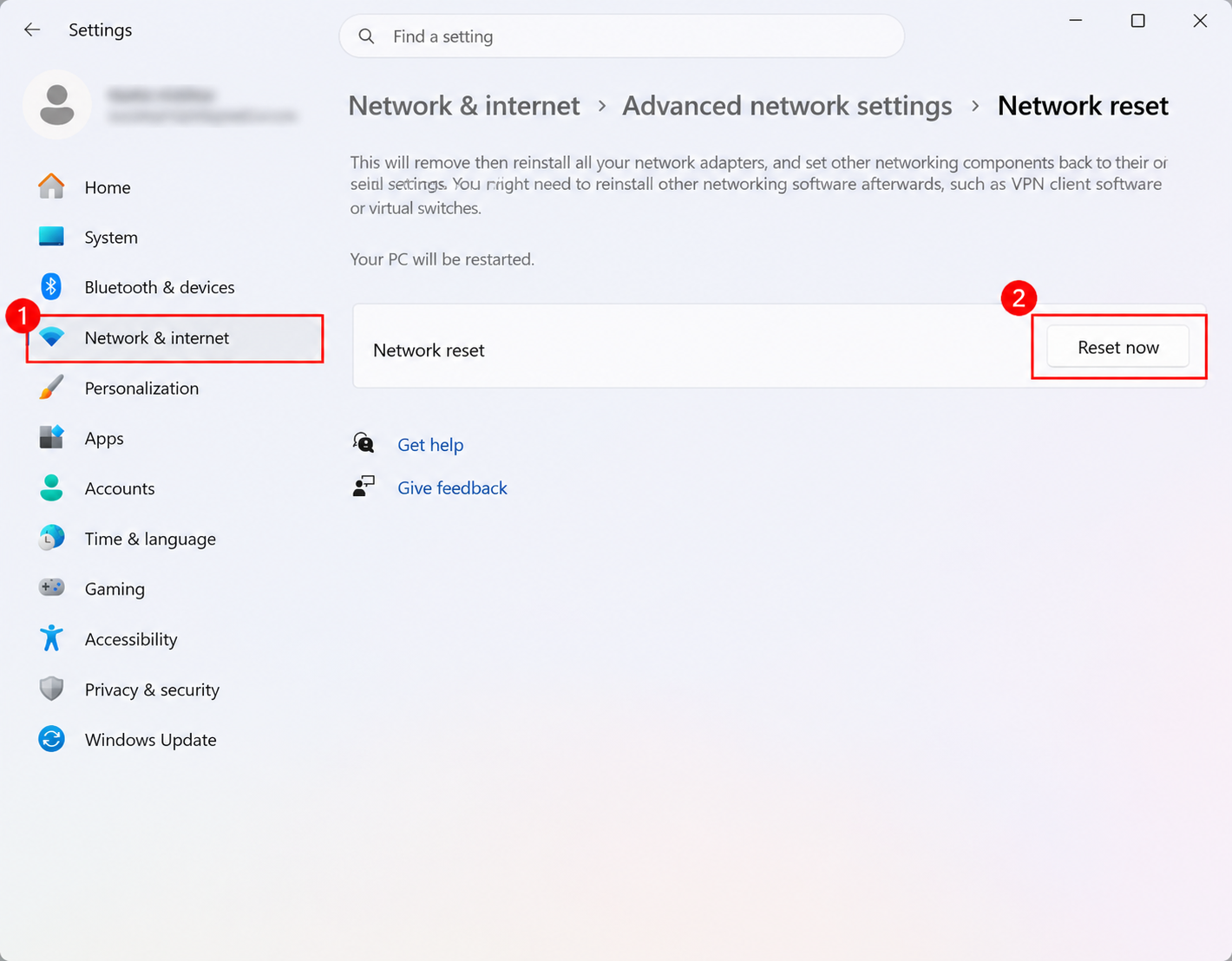 Windows 11 Network reset settings page with Network & internet and the Reset now button.