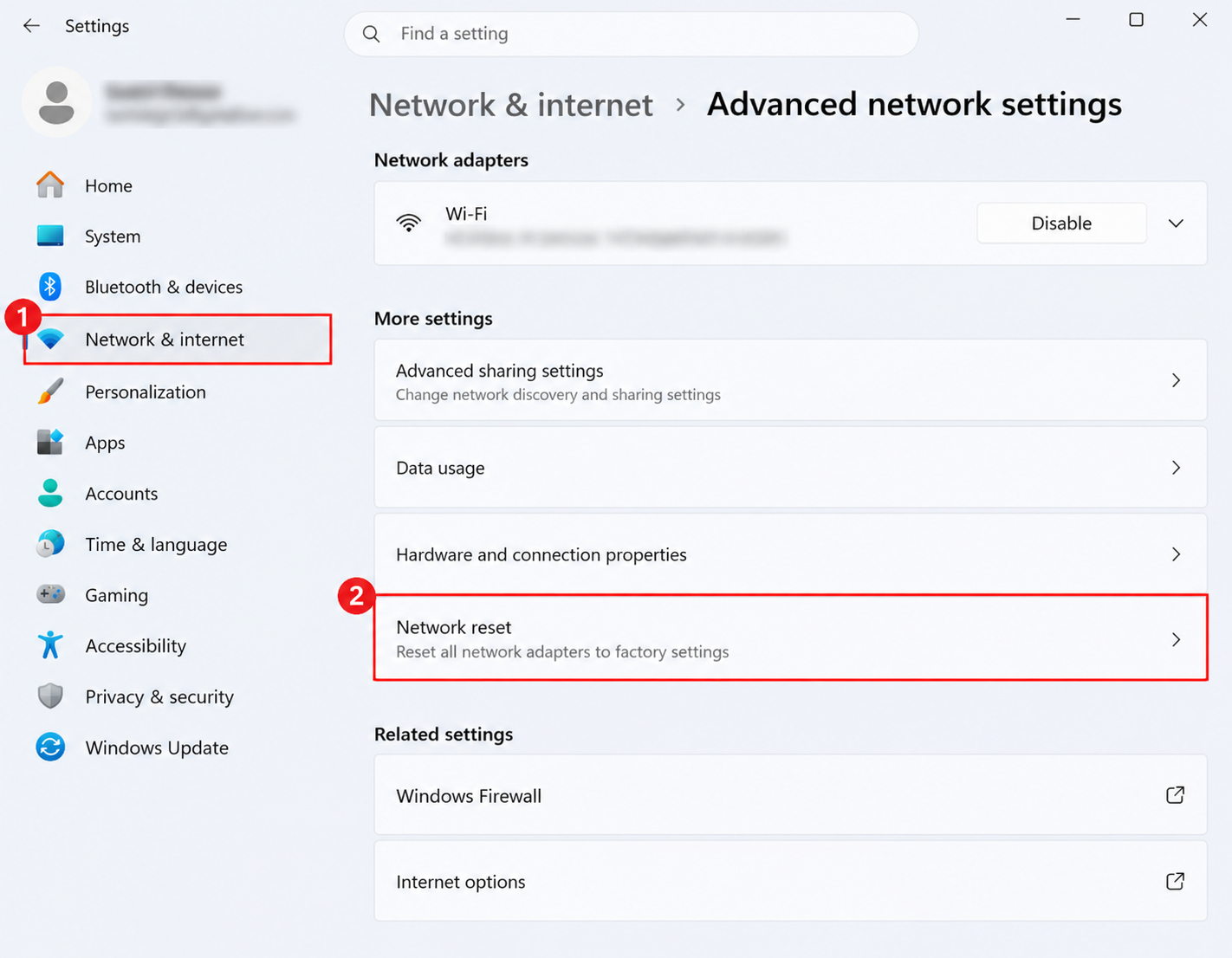 Windows 11 Advanced network settings page with Network reset highlighted in red .