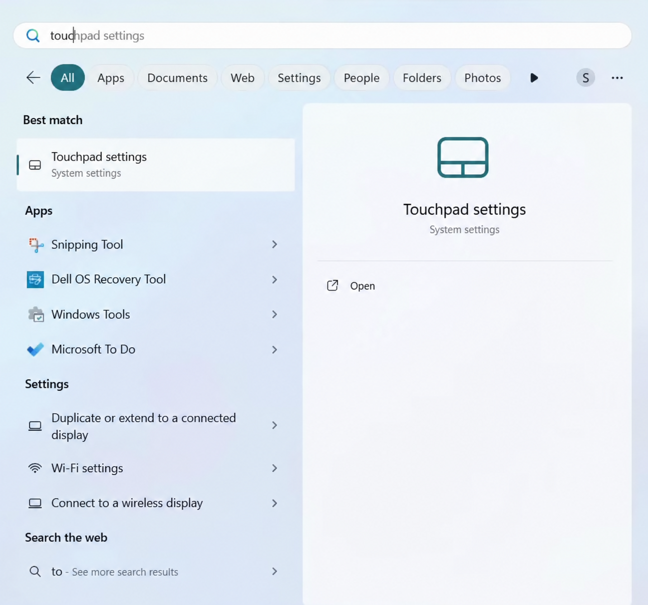 Fix mouse cursor disappearing in Windows 11 by opening Touchpad settings from Windows Search.