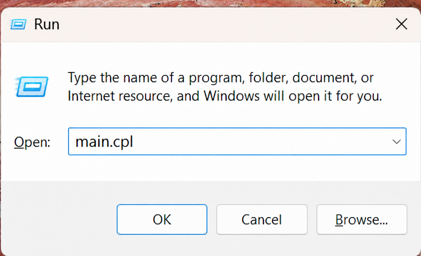 Open Mouse Properties using main.cpl to troubleshoot a disappearing mouse cursor in Windows 11.