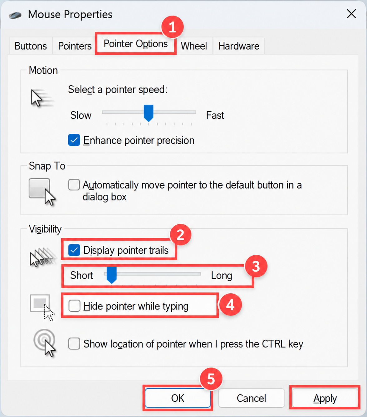 Mouse Properties window in Windows 11 with the Pointer Options tab selected.