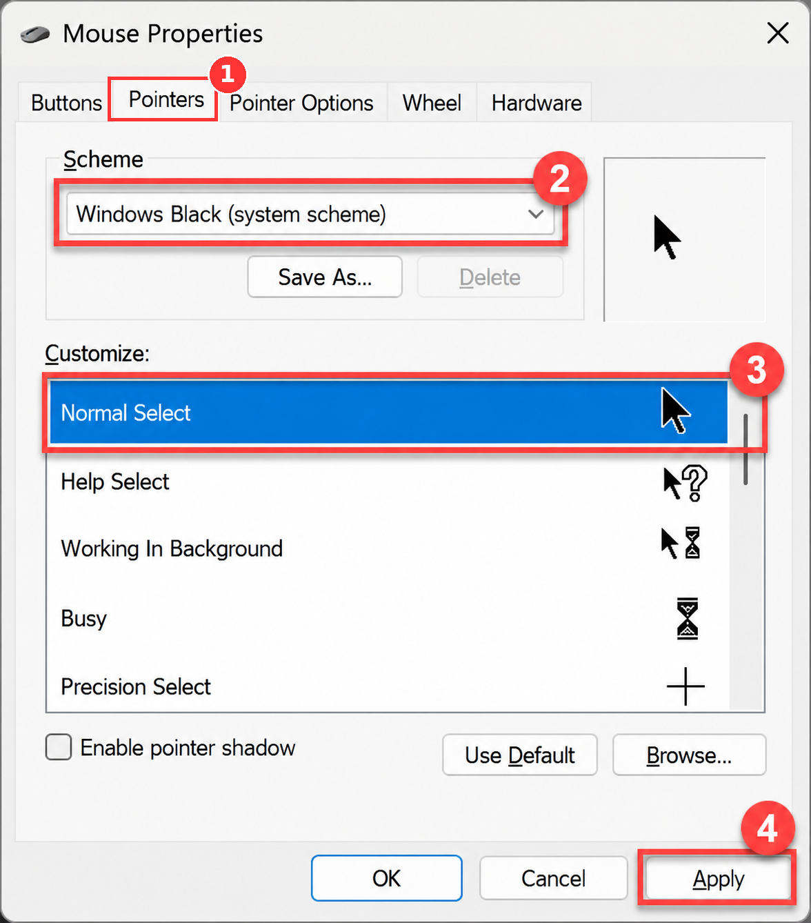 Mouse Properties window with the Pointers tab
