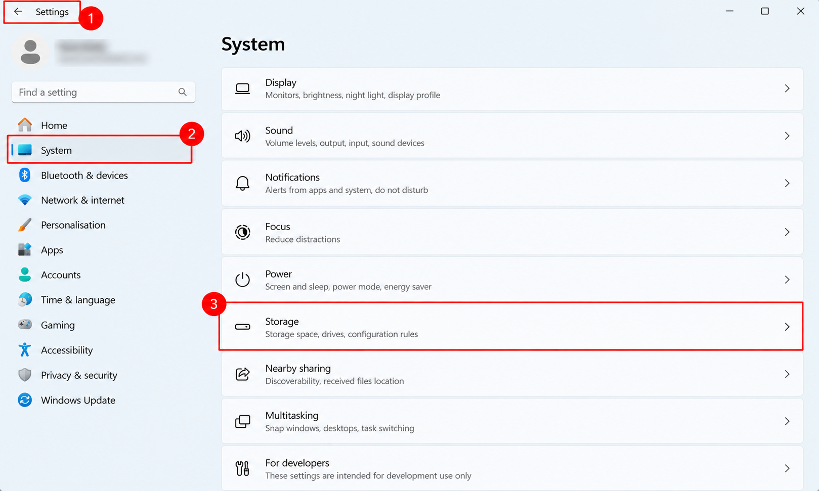 Windows storage settings