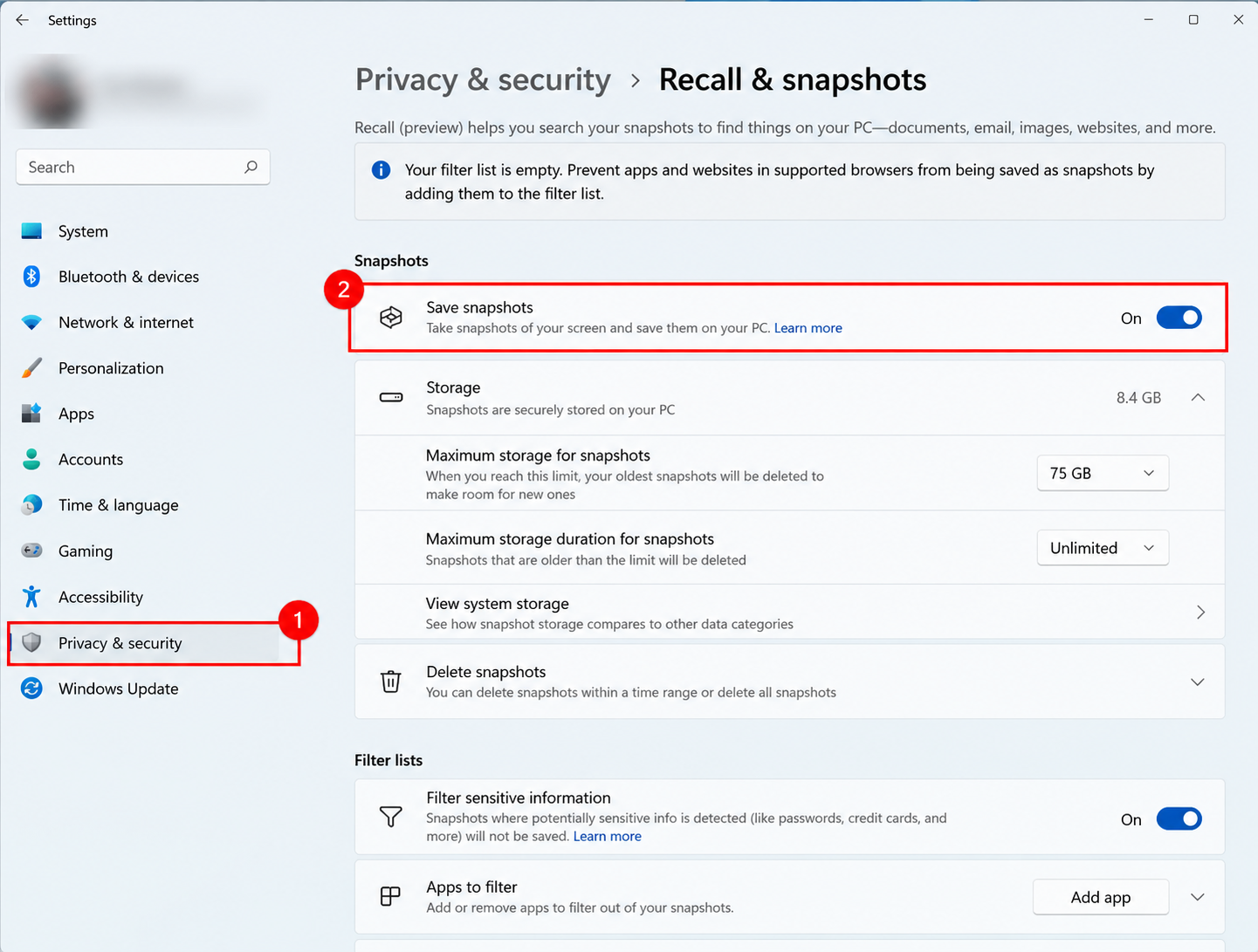 Recall snapshot controls