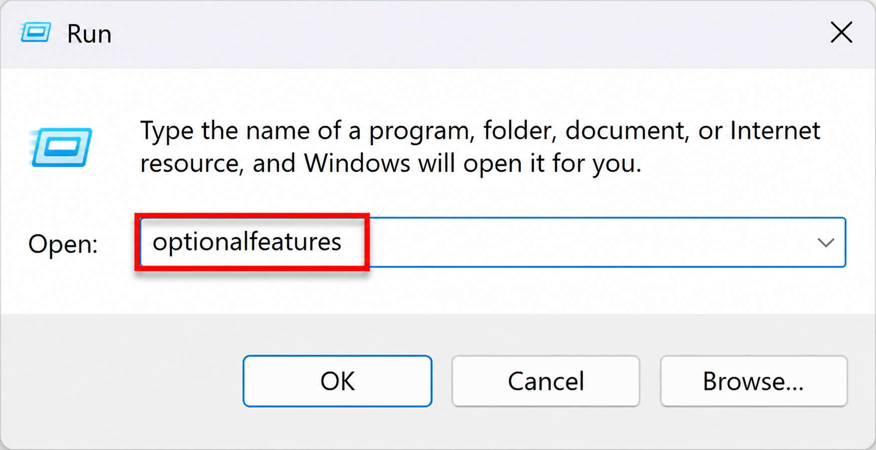 Typing optionalfeatures in run dialog box