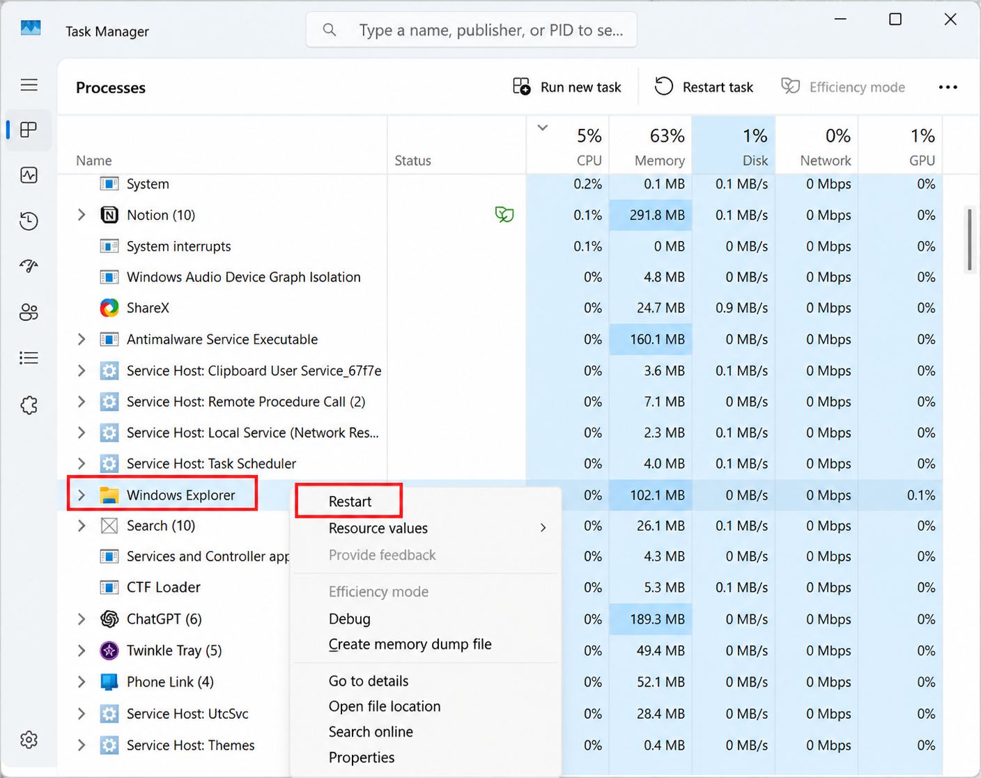 press restart in Windows Explorer