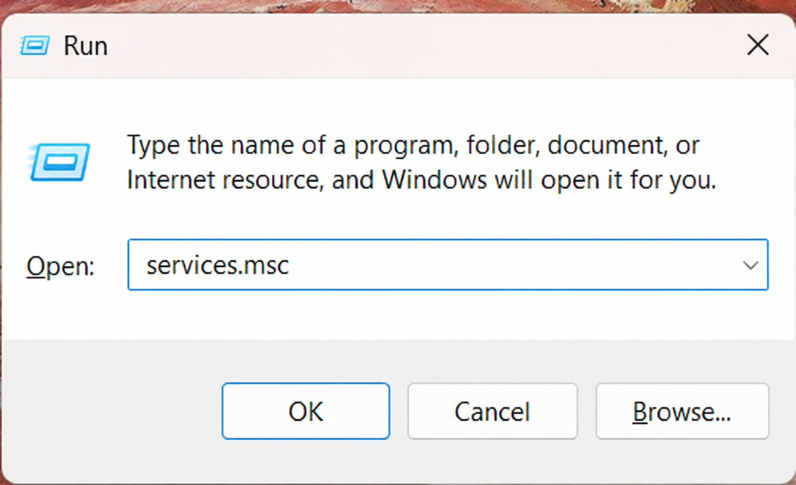 Type services.msc in the run dialog box