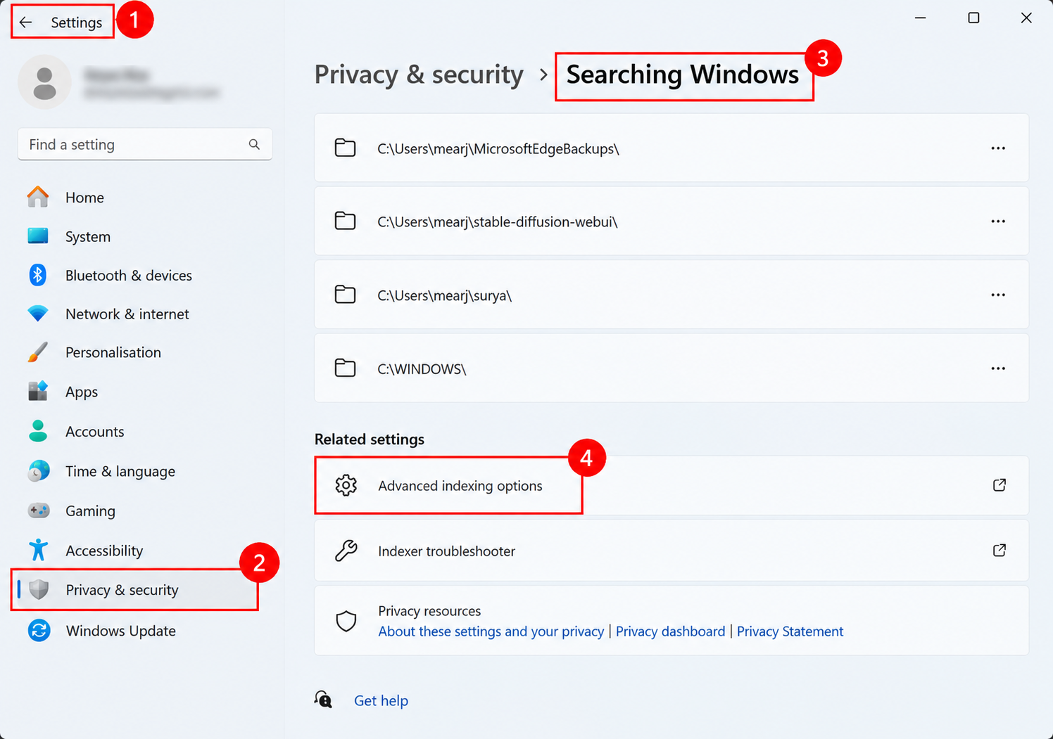 Windows Search indexing options in Settings