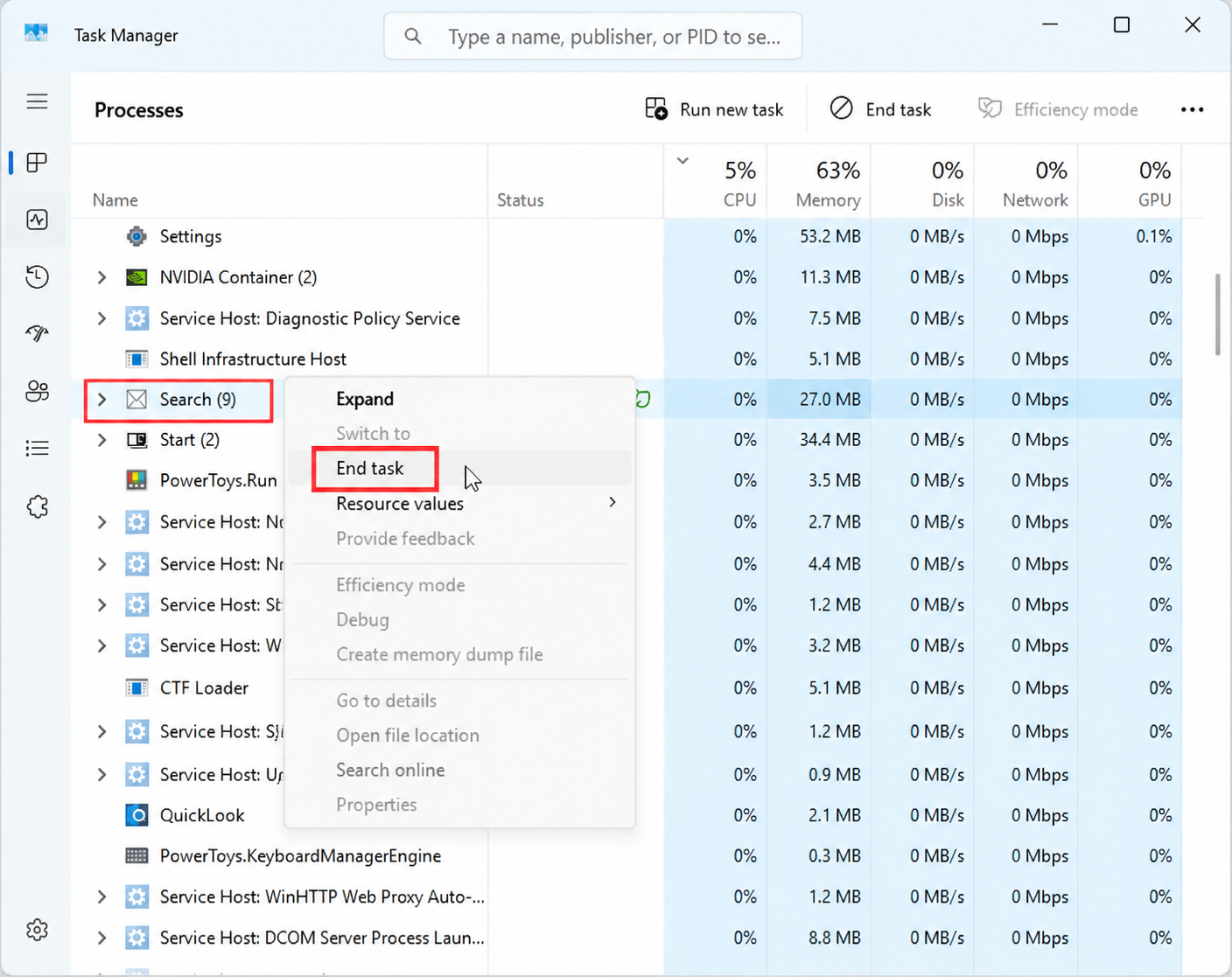 Windows Search troubleshooting in Task Manager