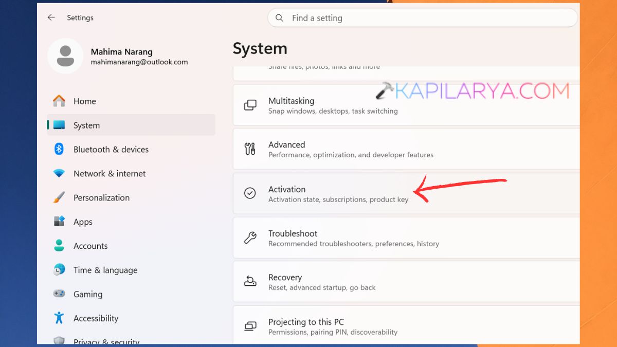 Activation in System settings