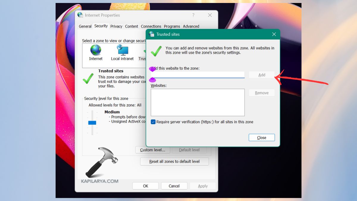 Add Network Location or SharePoint URL to Trusted Sites