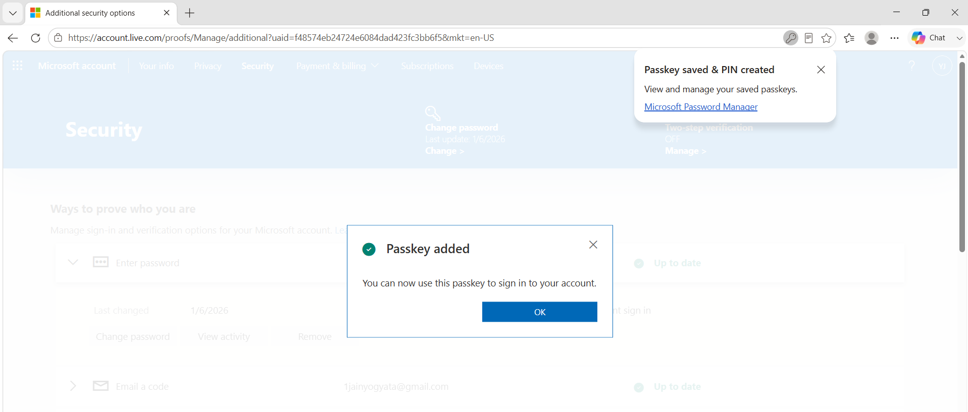 Add a Passkey: Add passkey to Microsoft account in Windows 11