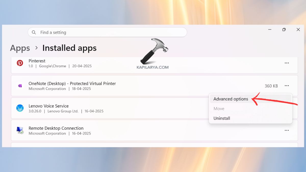 Advanced options for Onenote in settings