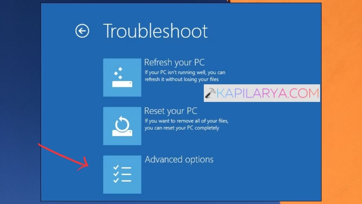 Advanced options in Troubleshoot screen