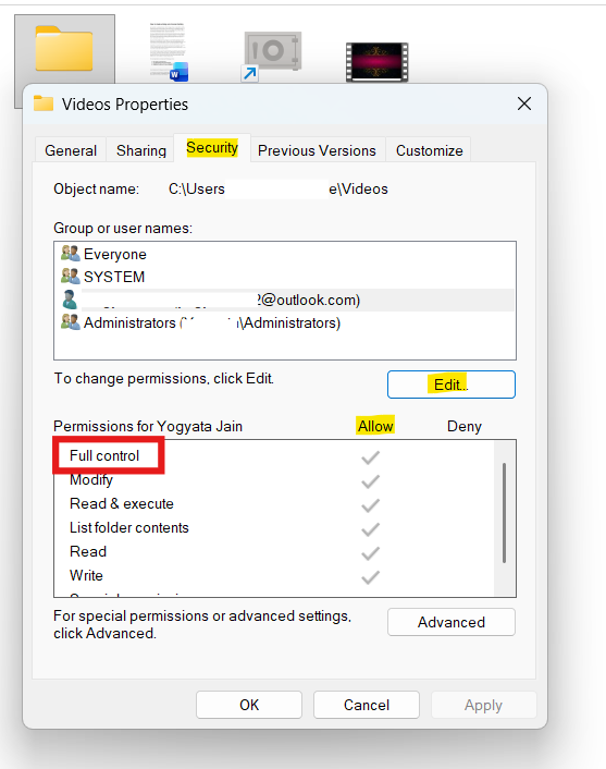 Allow user full control: Remove Red X Icon on Files in Windows 11