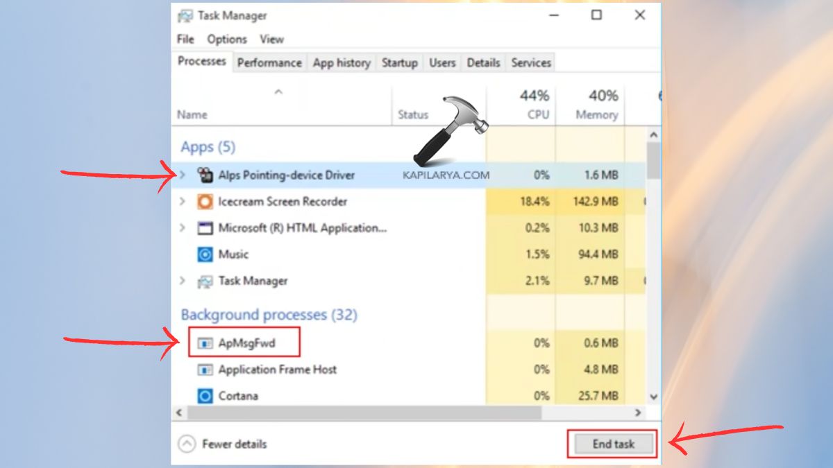Alps pointing device Driver task manager end task