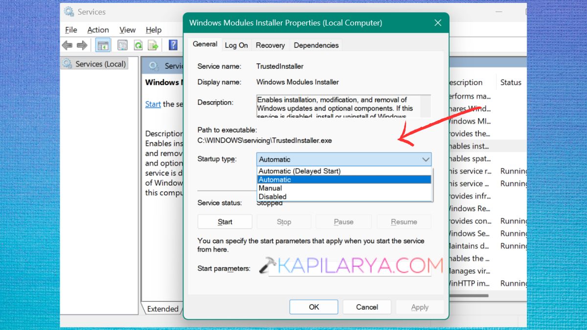 Automatic startup type for Windows Modules Installer service