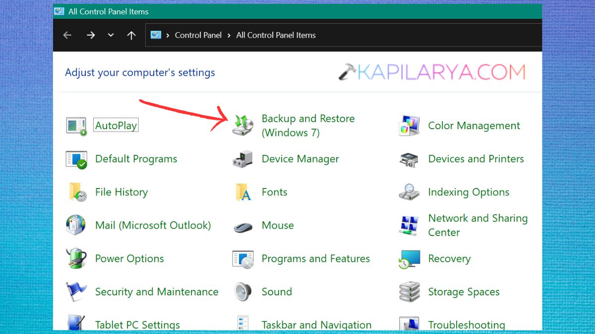 Backup and Restore (Windows 7) in Control Panel