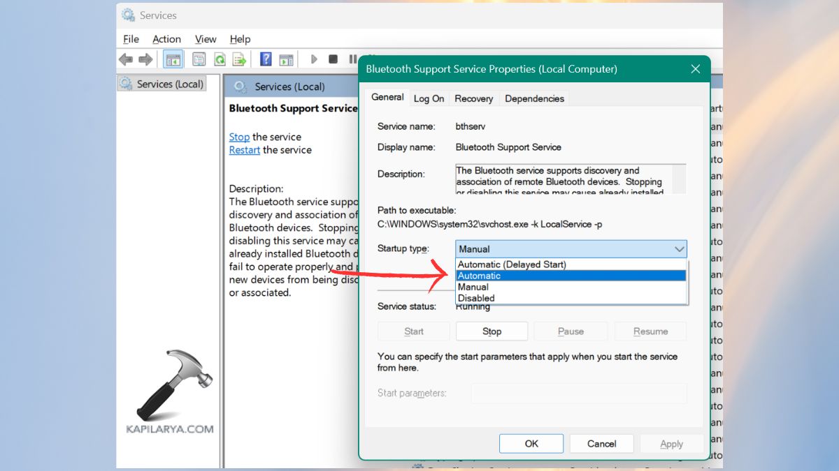 Bluetooth Support Service automatic startup type