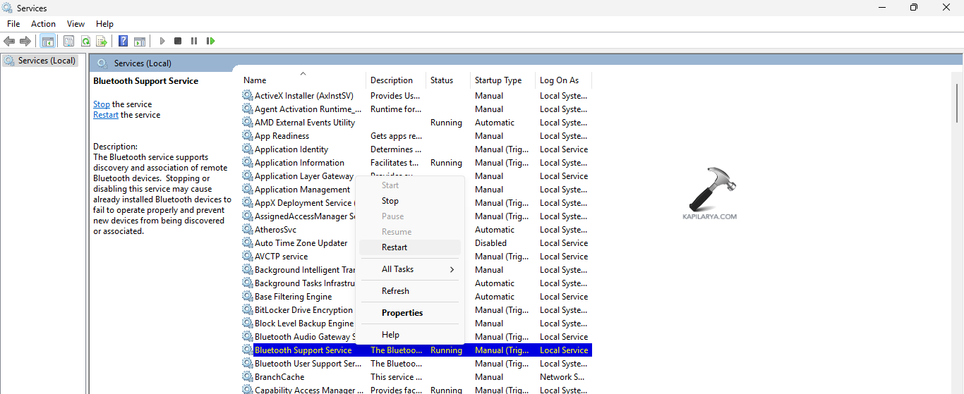 Restarting Bluetooth support service