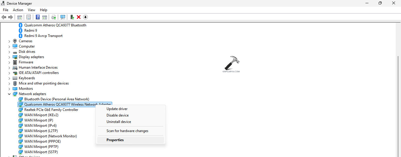 Opening properties of Wi-Fi adapter