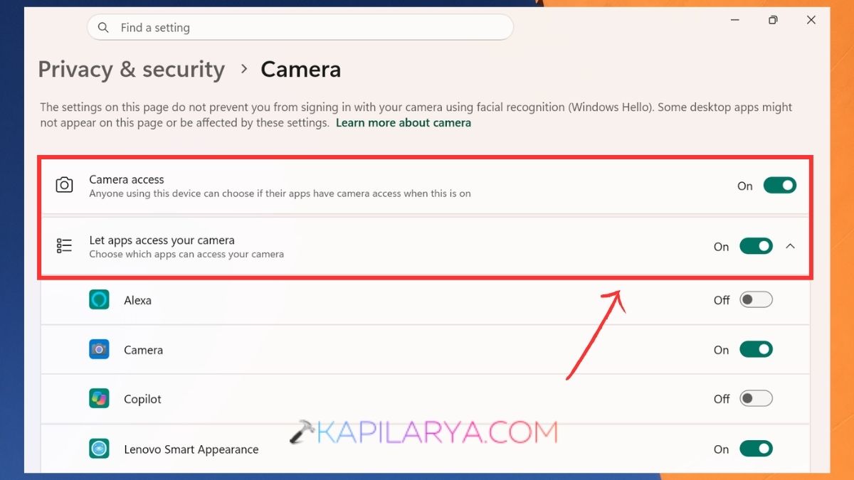 Camera access settings Let apps access camera