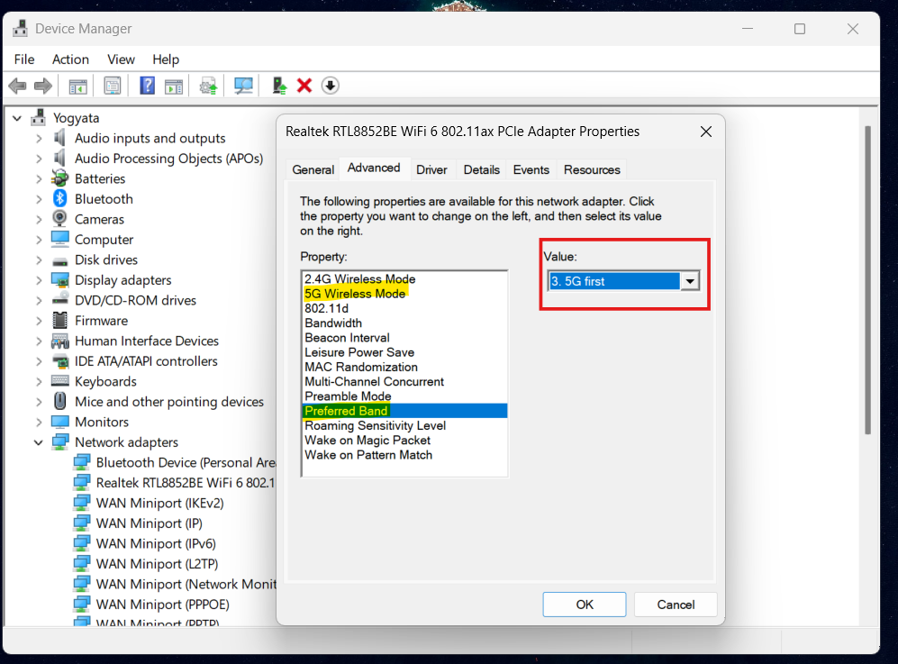 Change Wireless Adapter Mode: Windows 11 not connecting to 5GHz WiFi network