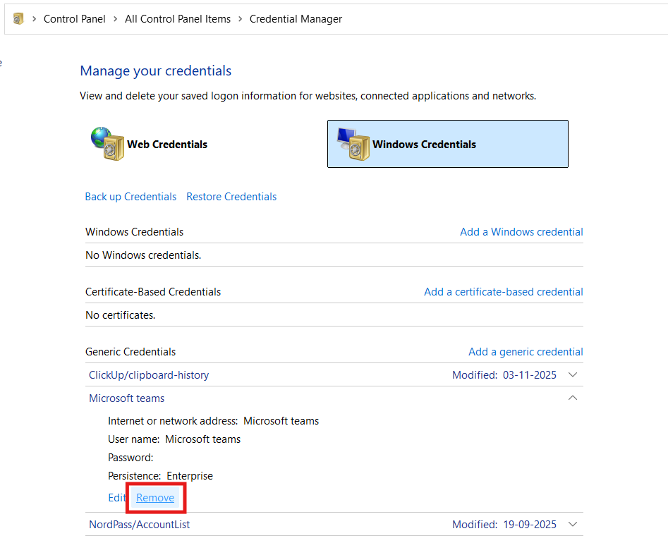 Clear Stored Credentials
