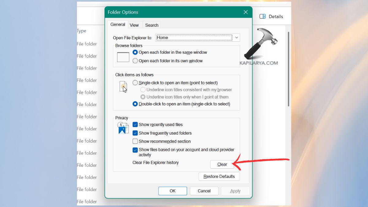Clear file explorer history in folder options