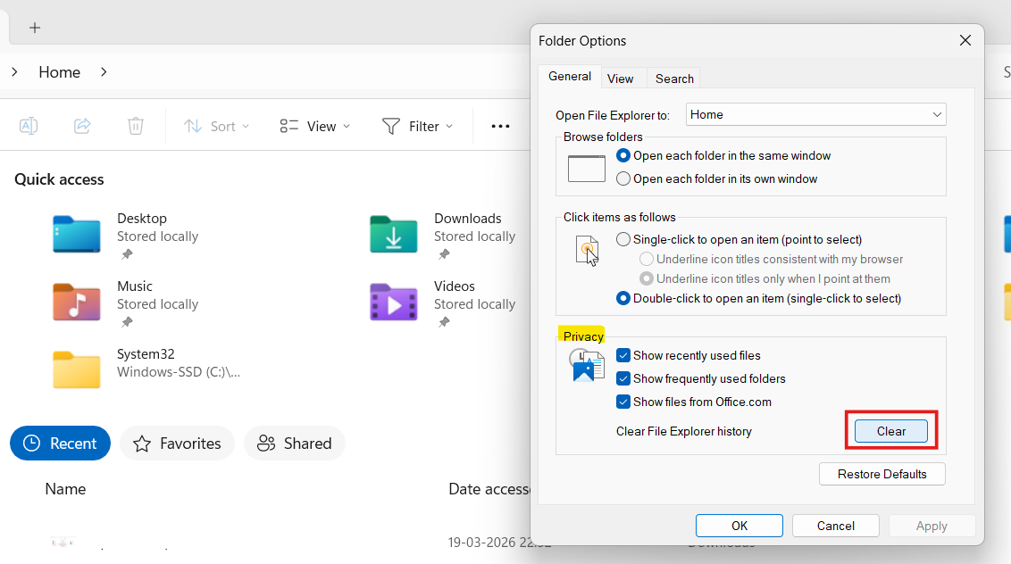 Clear the file explorer cache: fix deleting files stuck in Windows 11