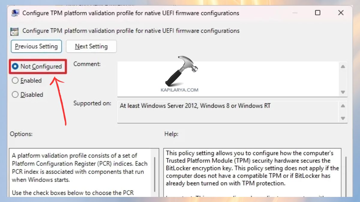 Configure TPM platform validation profile for native UEFI firmware configurations