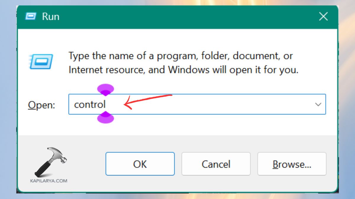 Control command in Run box to open Control Panel