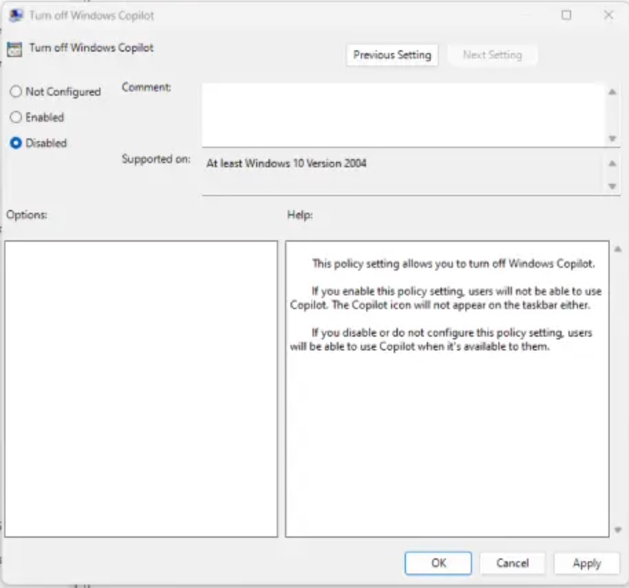 Turn off Windows Copilot