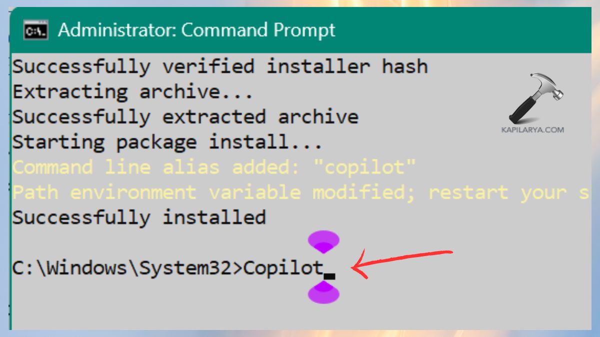 Copilot command to start after installation in Command Prompt