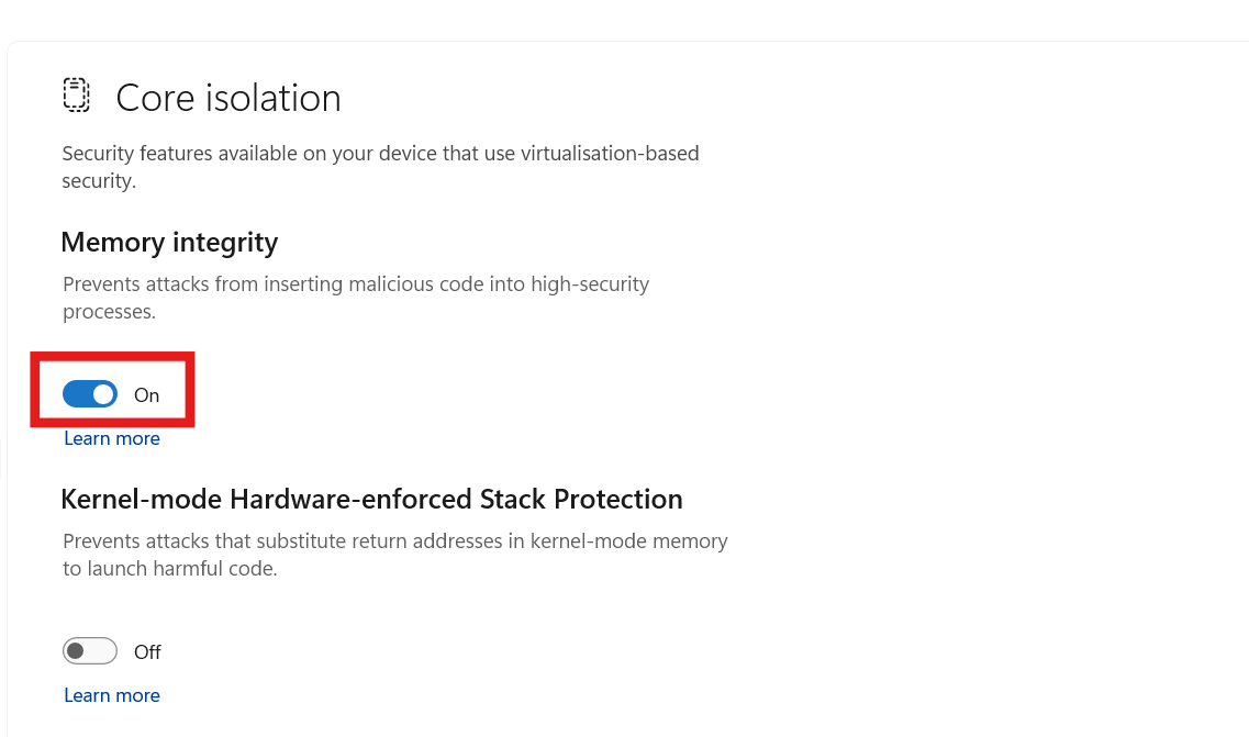 Turn Core isolation off: Fix Unable to Install Drivers on Windows 11